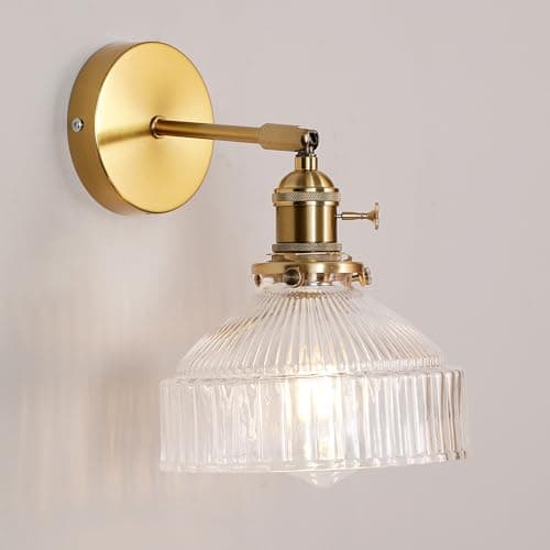 Image of GreeLustr Industrial Wall Light with Clear Glass Shade, Bathroom Vintage Wall Lamp Brass Finish with Switch Single Head, Retro Wall Sconces Indoor for Bedside Bedroom Vanity Mirror, E27, 6.7″ Conical