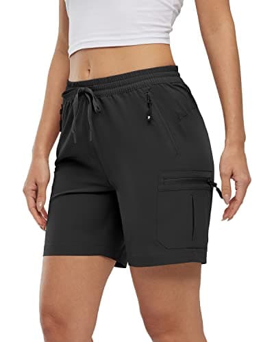 Image of Rdruko Ladies Cargo Shorts Drawstring Elastic Waist Summer Quick Dry Stretch Outdoor Shorts for Work Travel Golf Hiking Walking Black XL