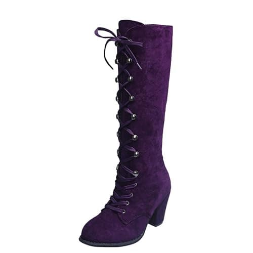 Image of Lace Up Boots Women Vintage Comfortable Biker Boot Casual Solid Color Chunky Heel Stylish Elegant Stretch Knee High Boots Outdoor Winter