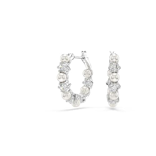Image of Swarovski Matrix Hoop Earrings, Clear Round-Cut Crystals and Crystal Pearls in a Rhodium-Finished Setting, Part of the Swarovski Matrix Collection