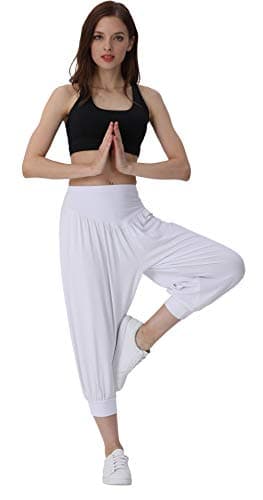 Image of HOEREV Women's Super Soft Modal Spandex Harem Yoga Pilates Capri Pants White Medium
