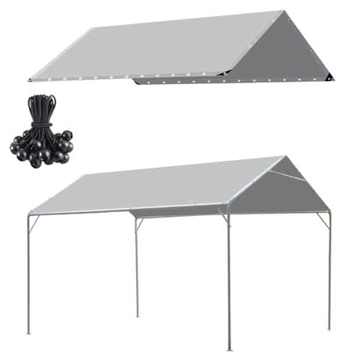 Image of HFYZZ 10 x 20 Ft Heavy Duty Carport Replacement Canopy Cover Waterproof & UV Protected Car Garage Top Tent Shelter Tarp Cover with 44 Ball Bungees Cords, Only Top Cover, Grey