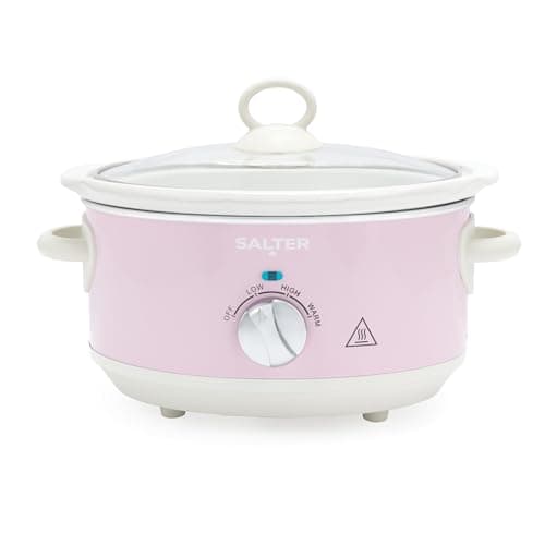 Image of Salter Retro Pink 3.5L Slow Cooker – Electric Ceramic Cooking Pot, 3 Heat Settings & Keep Warm, Dishwasher Safe, Tempered Glass Lid, Cool Touch Handles, Stews, Casserole, Curries, Vintage Design, 200W