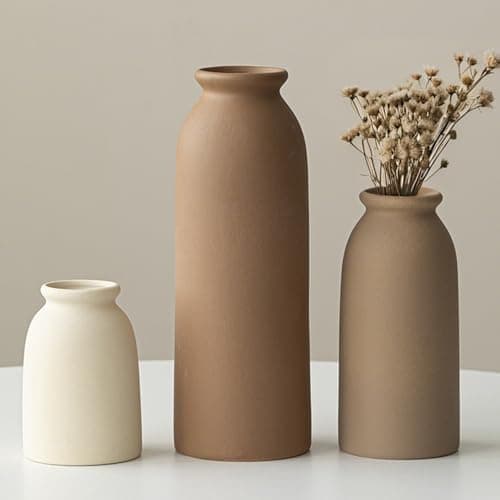 Image of Set of 3 Small Ceramic Vases for Home Decor & Table Centrepieces, Rustic Farmhouse Style, Mini Decorative Flower Vases (Earth Tone M)