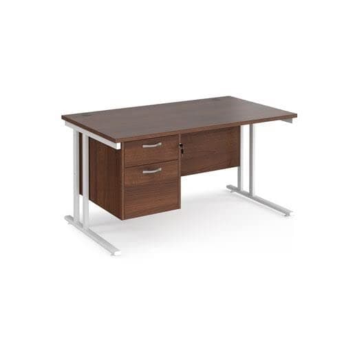Image of Office Monster Cooper straight desk 1400mm x 800mm with 2 drawer pedestal - white cantilever leg frame, walnut top