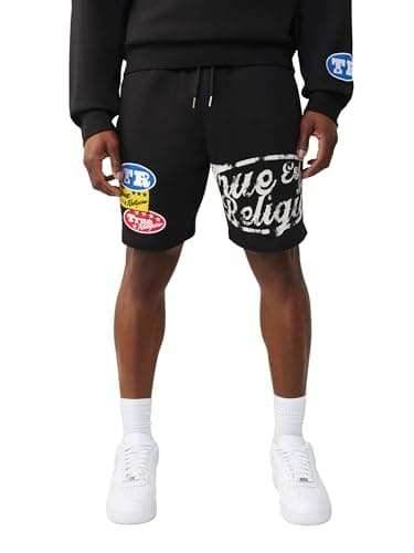 Image of True Religion Men’s Logo Sweat Short – Elastic Waist, Logo Patch, Side Pockets, Jet Black, XX-Large