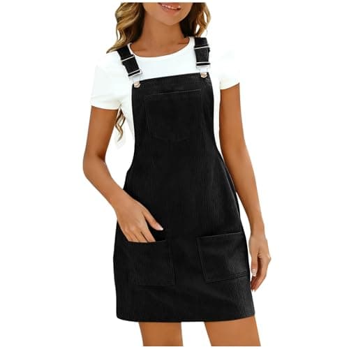 Image of GMQWRK Corduroy Tunic Dresses for Women UK Adjustable Wide Straps Bib Overall Dresses with Front Pockets Square Neck Sleeveless Jumper Pinafore Dress Teen Girls Casual Mini Short Sundress Black
