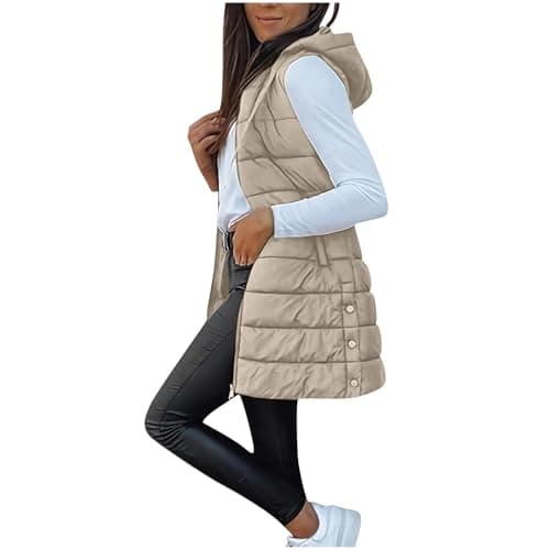Image of OVARA Womens's Qulited Gilet Longline Full Zip Hooded Padded Vest Outdoor Thermal Long Puffer Gilets Ladies Body Warmer Sleeveless Winter Jacket with Pockets