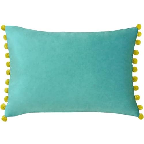 Image of Paoletti Fiesta Rectangular Cushion Cover – Faux Velvet with Pompom Edges (Teal/Bamboo – 35 x 50cm)