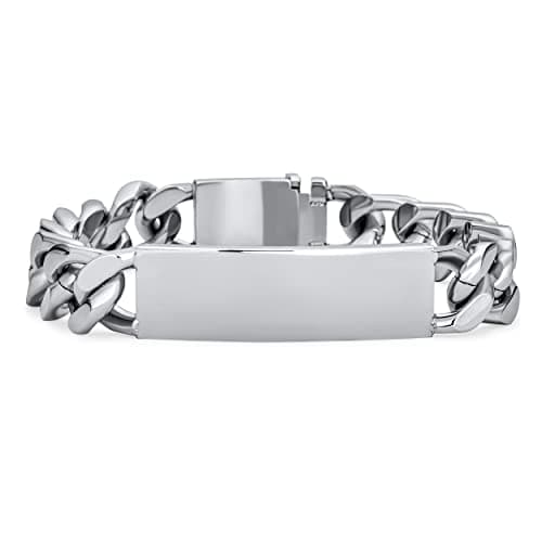 Image of Bling Jewelry Personalized Engravable Mens Solid Name Bar Plated Identification ID Bracelet For Men Curb Chain Link Silver Tone Stainless Steel