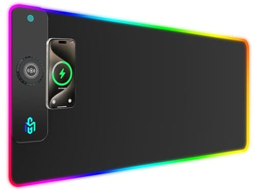 Image of GIM Wireless Charging RGB Gaming Mouse Pad 15W, LED Mouse Mat 900x400x4MM, 10 Light Modes Extra Large Mousepad Non-Slip Rubber Base Computer Keyboard Mat for Gaming (Black-Max)