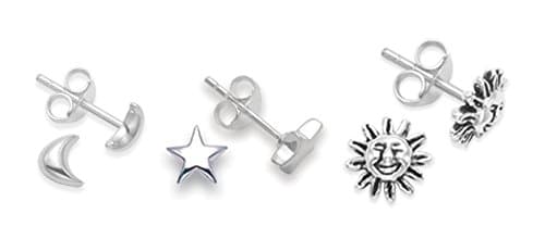 Image of Heather Needham Sterling Silver Moon, Sun & Star Earrings SET- 3 pairs of earrings Size: 5mm, 7mm & 5mm. Gift boxed. 5250SET
