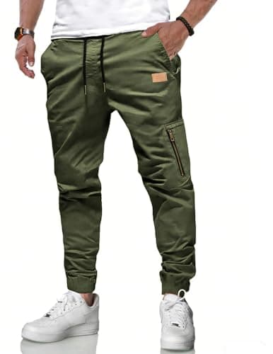 Image of LIUPMWE Mens Cargo Trousers Joggers for Men Sweatpants Cotton Sports Pants Casual Slim Fit Trousers with Zip Pockets,M,Green-07