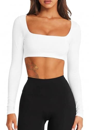 Image of TZLDN Gym Tops for Women Long Sleeve Crop Tops Running Sports Top Square Neck Yoga Workout Activewear Gym Clothes White M