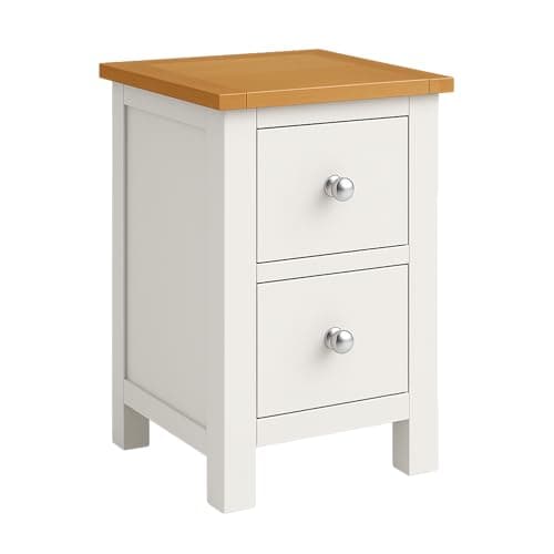 Image of Whitford white Slim Bedside Cabinet with Oak Top | Home furniture group Solid Wood Painted Side End Nightstand with 2 Drawer Storage for Bedroom | Fully Assembled