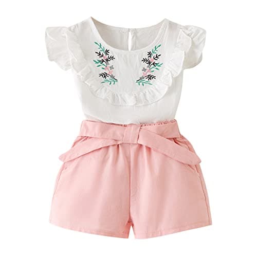 Image of Denim Jack 2 Piece Set Floral Ruffle Girls Tops + Shorts Baby Embroidery Child T-Shirt Summer Outfits Toddler Girls Outfits & Set Newborn Winter, pink, 4-5 Years