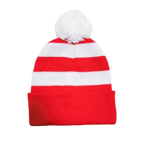 Image of DVOFU Bobble Hat in Red and White Winter Beanie Hats Stripe Pom Pom Wooly Hats for Christmas Women Outdoor Ski