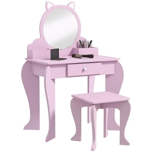 Image of ZONEKIZ Kids Dressing Table, Kids Vanity Table, Girls Dressing Table with Mirror, Stool, Drawer, Storage Boxes, Cat Design, for Ages 3-6 Years - Pink