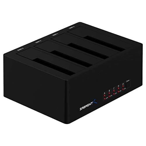 Image of SABRENT 4 bay hard drive docking station, SSD HDD 2.5 3.5 inch SATA case dock, external SSD enclosure + power adapter, offline cloning, LED indicator, tool-free, USB cables included (DS-U3B4)