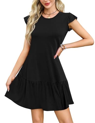 Image of Zeagoo Summer Women Dresses Round Neck Causal Puff Sleeve Ladies Sundress UK Mini Beachdress Knee Length L Black