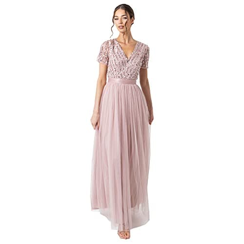 Image of Maya Deluxe Women's Maxi for Women Ladies V-Neck Ball Gown Short Sleeves Long Elegant Empir Bridesmaid Dress, Frosted Pink, 6 UK