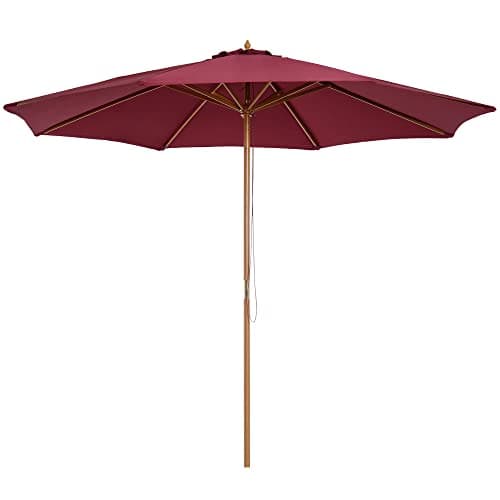 Image of Outsunny 3(m) Garden Parasol, Pulley Operated Patio Umbrella, Wooden Parasol, Table Market Umbrella with Rope Pulley Mechanism and 8 Ribs, Wine Red
