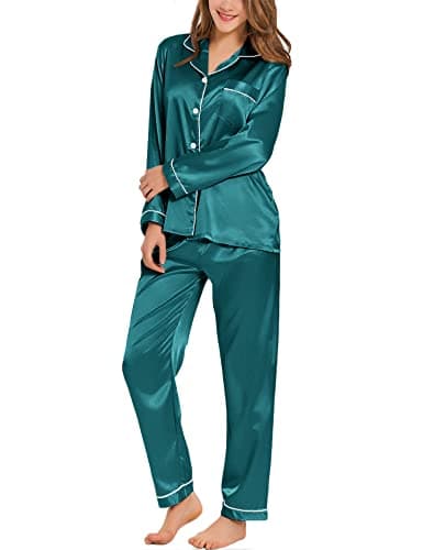 Image of SWOMOG Women's Pyjama Set Silk Satin Long Sleeve Button Down Pyjamas Two Piece Comfy Sleepwear and Loungewear Set Green