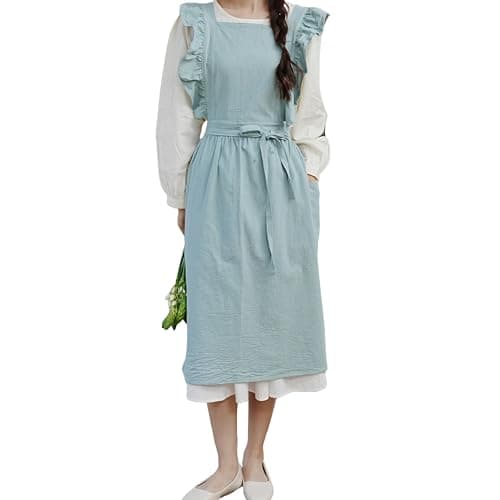 Image of Solid Ruffle Apron Vintage Style Cotton Large 2 Pocket Tether Stain Resistant Cover Up, 1 Year Ash, One Size Fits Most (light green)