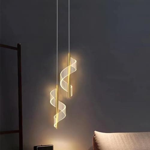 Image of 8W LED Hanging Lamp Bedside Bedroom Pendant Light, Nordic Modern Long Lines Pendant Lights for Living Room Hotel Counter Dining Table,Adjustable three colours 3000k/4500k/6000k (Gold, Double)