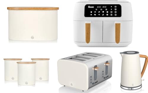 Image of Swan Nordic White 1.7L Kettle, 4 Slice Toaster, 8L Dual Basket Air Fryer, Bread Bin & Canisters Set. Scandinavian Minimalist Kitchen Design Matching Set in White with Wood Effect Accents