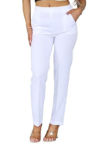 Image of INSAFIANS Women Half Elasticated Pull Up Pants | Ladies Office Wear Trousers | Work Formal (as8, Numeric, Numeric_12, Regular, Long, White)