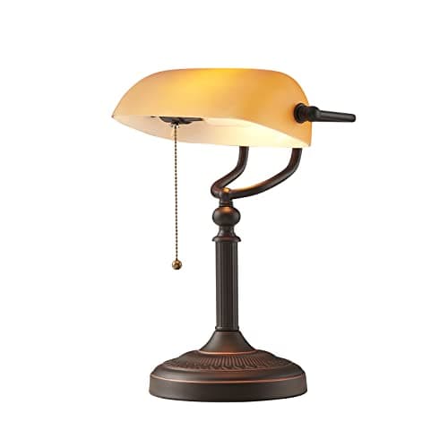 Image of Newrays Matte Orange Glass Bankers Desk Lamp with Pull Chain Switch Plug in Fixture