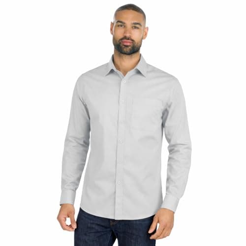 Image of Mens Long Sleeve Shirt Tailored Fit Easy Iron Collared Button Up Poplin Smart Casual Business Wedding Office Shirt (Light Grey, 19)