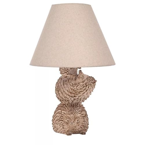 Image of Britalia Hedgehog Table Lamp, Wood Effect Resin, Beige Fabric Shade, E27 ES, 37cm x 21cm, 1.4Kg