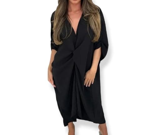 Image of Women Tie Knot Twist V-Neck Oversized Long Soft Touch Summer Smock Midi Dress Ladies Plain Batwing Sleeve Baggy Midi Dress Black Plus Size 20-22