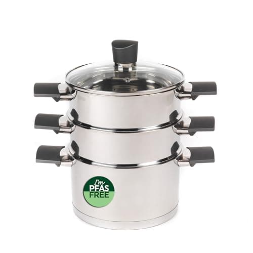 Image of Russell Hobbs Excellence 3 Tier Steamer – 18 cm Cooking Pots with Tempered Glass Lid, Non-Stick Coating, Stainless Steel, Vegetable Steaming Pan, Induction Suitable, Soft Touch Handles