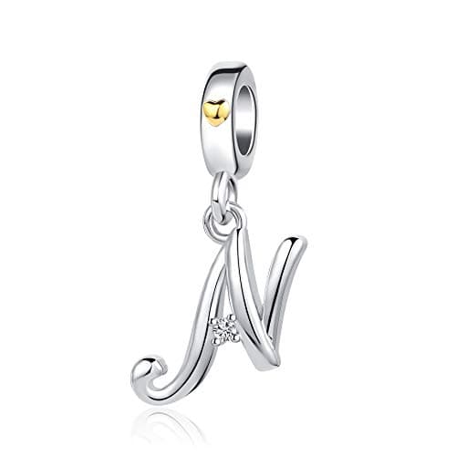 Image of FGT N Initial Letter Gold Love Heart Alphabet Name Charm Compatible with Pandora Charm Bracelets Women Mom Girl Wife Birthday Anniversary