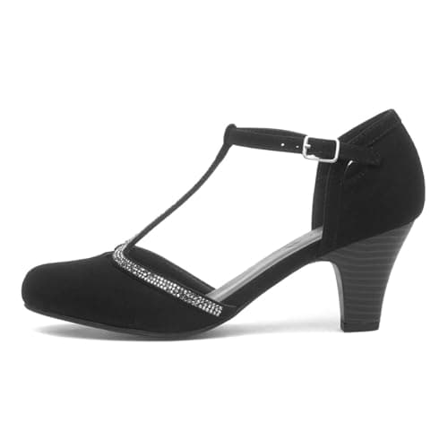 Image of Lilley Womens Black Diamante T-Bar Court Shoe - Size 7 UK - Black