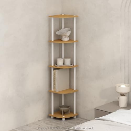 Image of Furinno TURN-N-TUBE Corner Shelf, 5-Tier Corner Display Rack, Shelving Unit, for Organization and Storage, Living Room, Home Office, Garage, Bedroom, Beech