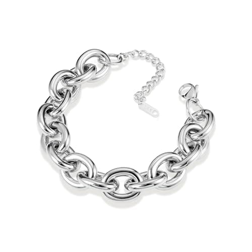 Image of ALEXCARFT Sterling Silver Large Chunky Chain Bracelet for Women Adjustable Large Link Chain Sterling Silver Bracelets Thick Chunky Link Statement Bracelet for Women Trendy