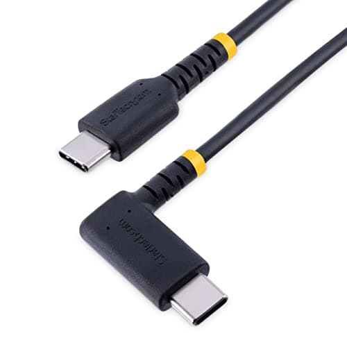 Image of StarTech.com 3ft (1m) USB C Charging Cable Right Angle - 60W PD 3A - Heavy Duty Fast Charge USB-C Cable - USB 2.0 Type-C - Rugged Aramid Fiber - USB Charging Cord (R2CCR-1M-USB-CABLE), Black