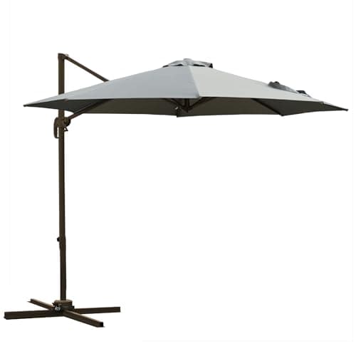 Image of Outsunny 3(m) Patio Offset Parasol Roma Umbrella Cantilever Hanging Sun Shade Canopy Shelter Tilt 360° Rotation with Aluminium Frame Hand Crank Cross Base, Dark Grey