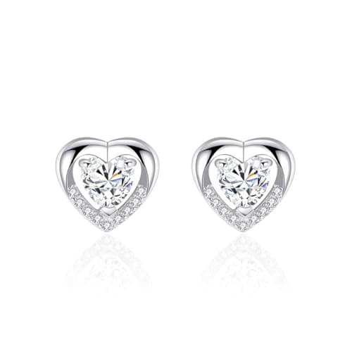 Image of CERSLIMO Silver Earrings for Women - 14k White Gold Cubic Zirconia Heart Stud Earrings, Heart Studs for Girls Ladies with Dainty White Crystal | Jewellery Set Wedding Gifts Birthday Christmas