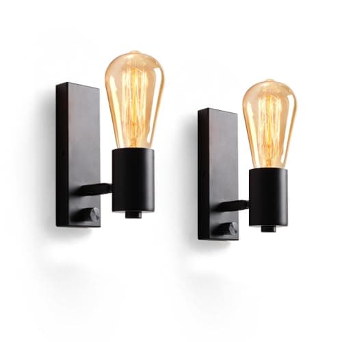 Image of Lampop Black Wall Lights with Switch 2 Pack Dimmable Indoor Wall Lights for Bedrooms, Living Room, Kitchen, 90° + 350° Rotatable, E27 Edison Industrial Wall Lamp (Warm White)