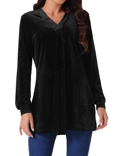 Image of Seta T Women's Velvet Top V Neck Long Sleeves Solid Casual Tunic Blouse Loose T-Shirt Black XL