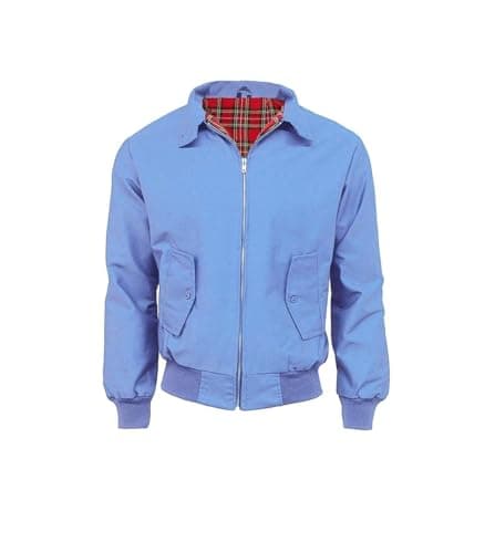 Image of Fashion Force Men's Harrington Jacket Classic Retro Scooter Style Bomber Coat with Tartan Check Lining, Cotton Blend Casual Jacket – Size M, Sky Blue