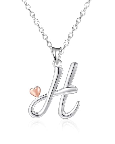 Image of Mesovor 925 Sterling Silver Necklaces for Women, Dainty Initial Name Necklace with Rose Gold Heart, Jewellery Gifts for Family Mother Sister Daughter Wife (Letter-H)