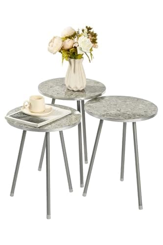 Image of FEFE Nesting Tables Set of 3, Stacking Side Table with Metal Legs, Wooden Round Accent End Coffee Tables for Living Room Bedroom - Grey