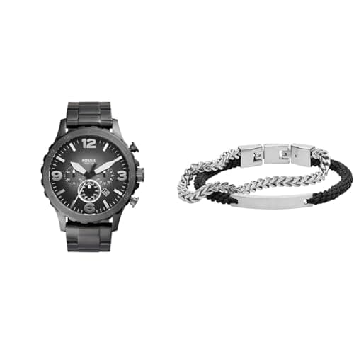 Image of FOSSIL Men's Nate Grey Stainless Steel Watch and Ellis Silver-Tone Bracelet, Set