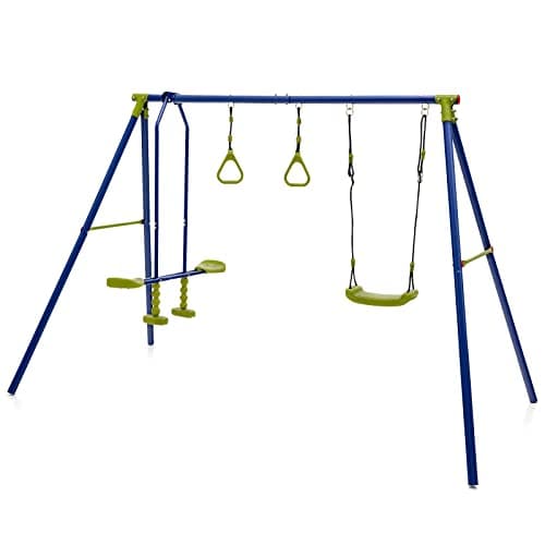 Image of GYMAX 3 in 1 Children Swing Set, Metal Swing A-Frame with Belt Swing, Glider and 2 Gym Rings, Garden Swing Set for Kids, 250kg Weight Capacity, Blue + Green, 284 x 143 x 177 cm (L x W x H)